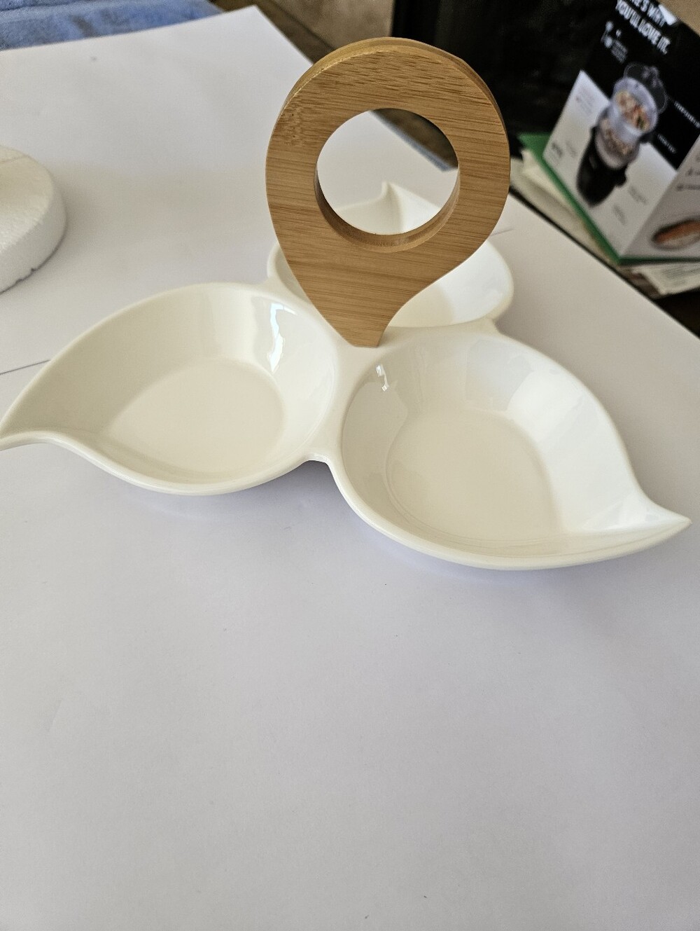 BRANDANI White Ceramic 3-Section Snack Or Appetizer Server with Bamboo Handle